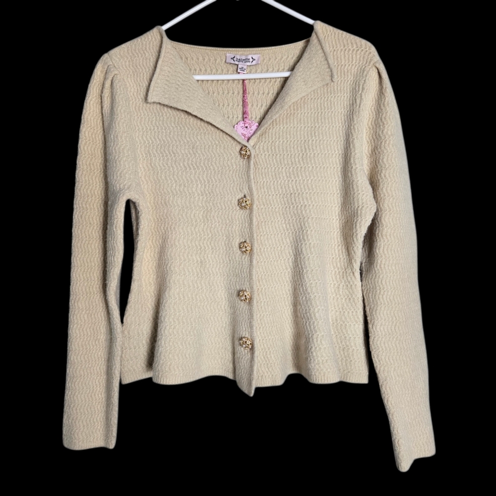 Nanette Lepore Pearl Button Textured Knit Cardigan Off White Cream Rayon Medium - Picture 15 of 15